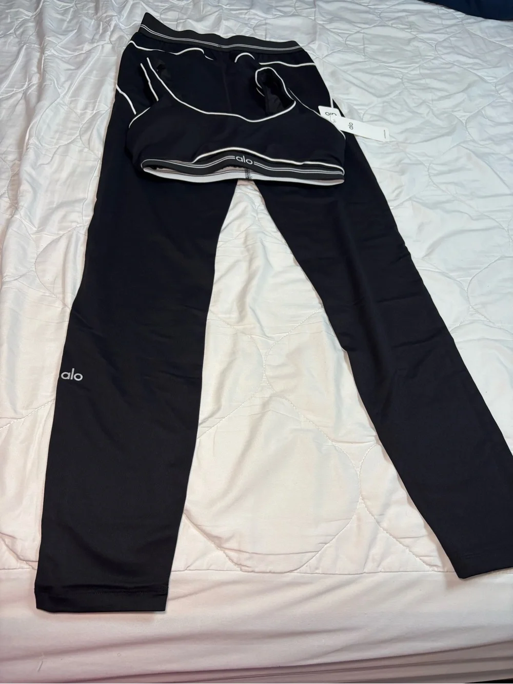 ALO Yoga Kids Black Swim Top & Shorts with White Trim
